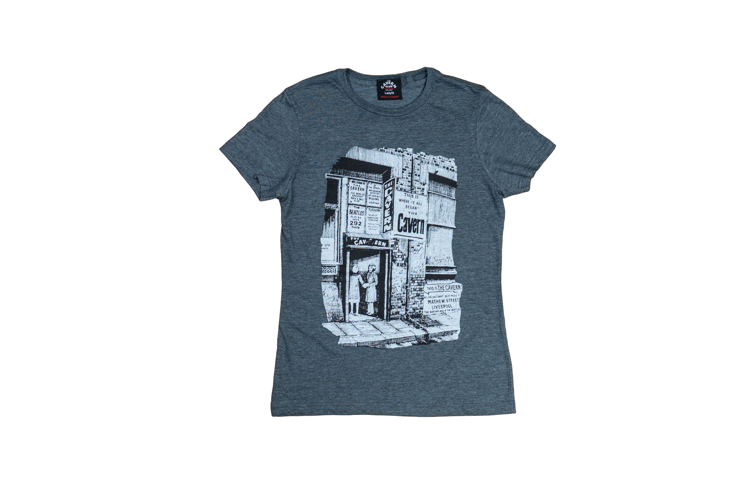Women’s Cavern Club Liverpool grey t-shirt with vintage sketch of the Cavern Club entrance
