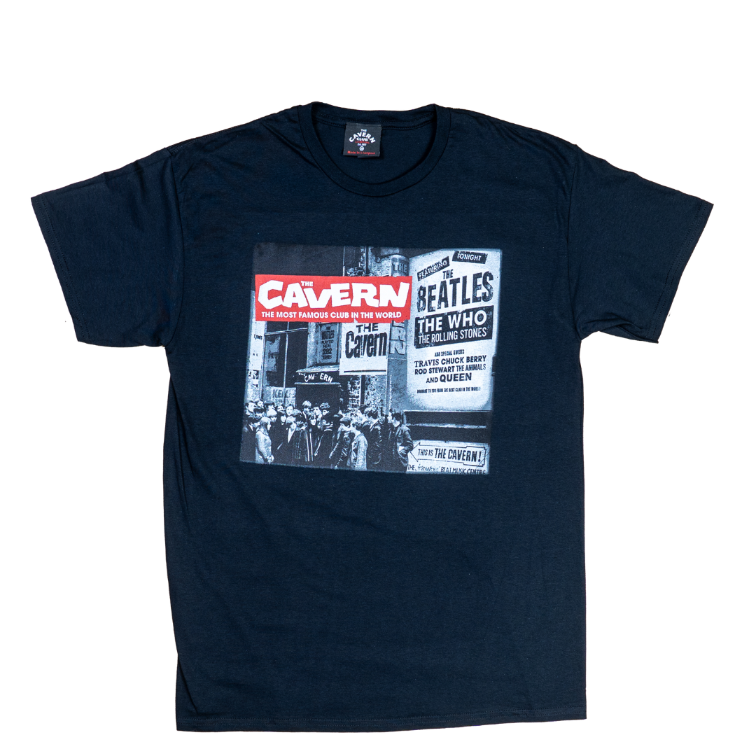 Alt Text: Men’s Cavern Club Liverpool album logo t-shirt with vintage gig poster graphic
