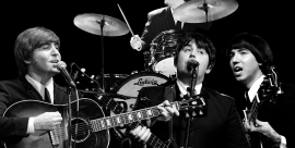 Black and white image of The Cavern Club Beatles.