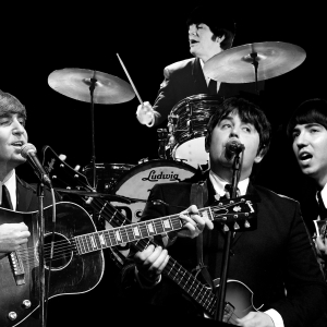 Black and white image of The Cavern Club Beatles.