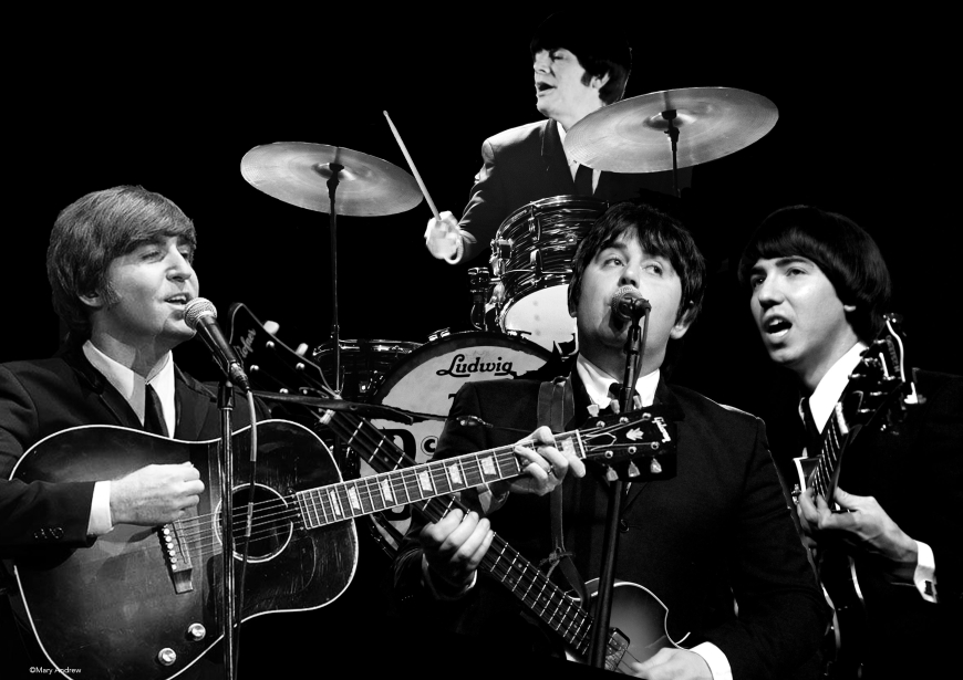Black and white image of The Cavern Club Beatles.