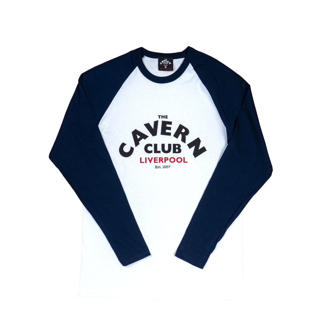Cavern Club Liverpool baseball t-shirt white with navy raglan sleeves and logo