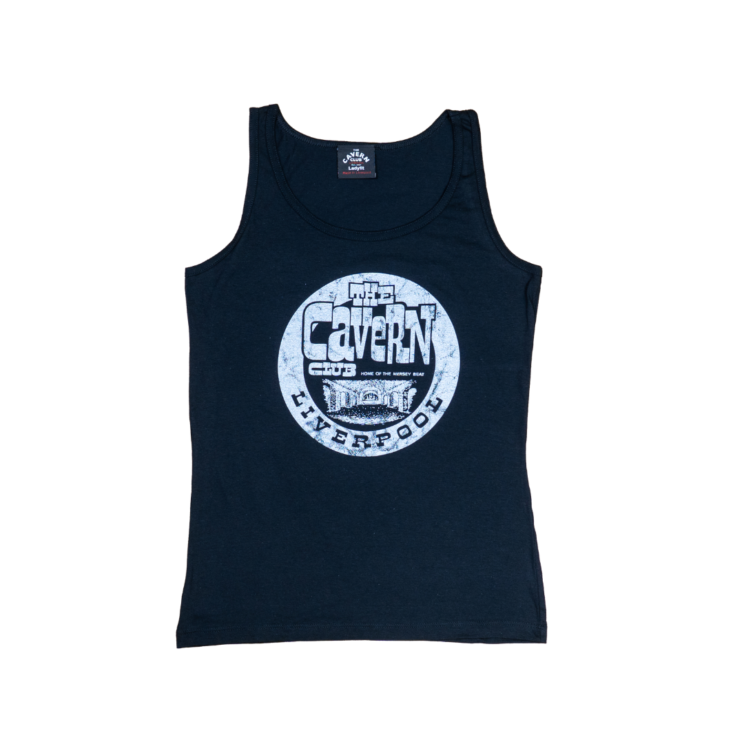 Ladies Cavern Club Liverpool retro logo vest black with vintage circular design