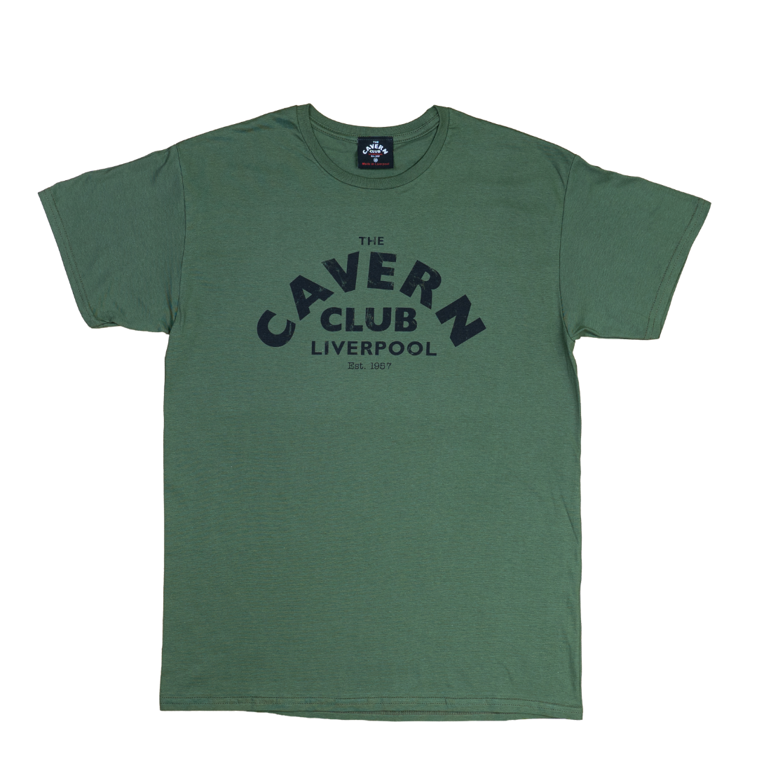 Men’s Cavern Club Liverpool khaki t-shirt with classic logo print front view