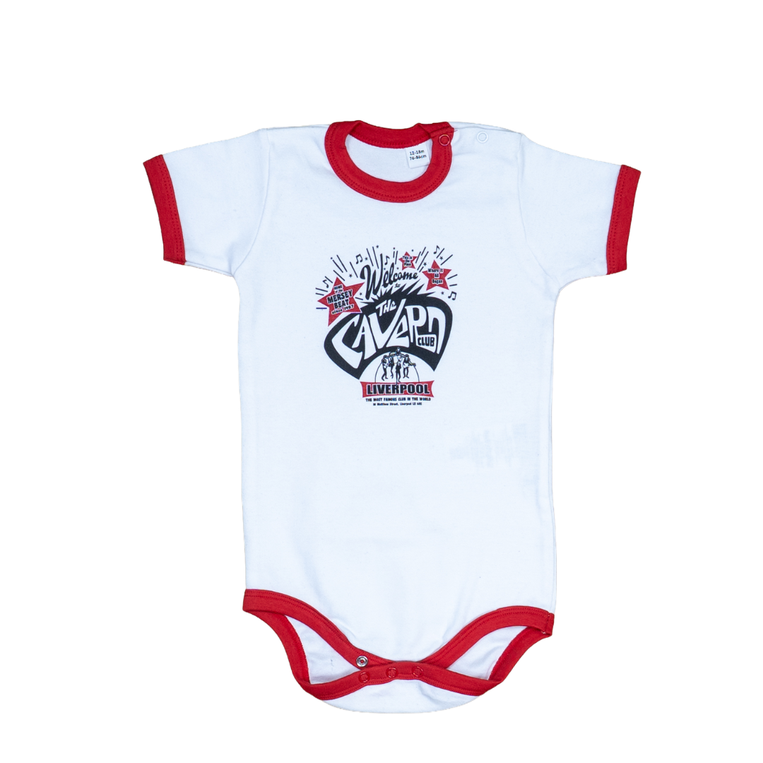 Cavern Club Liverpool baby grow with welcome to the Cavern design in white with red trim