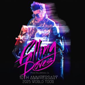 The Falling Doves 10th Anniversary World Tour artwork with band members, neon logo, and Mirrors & Dreamwaves album branding.