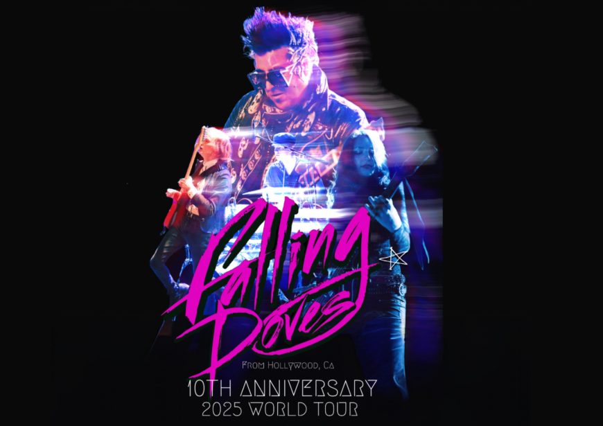 The Falling Doves 10th Anniversary World Tour artwork with band members, neon logo, and Mirrors & Dreamwaves album branding.