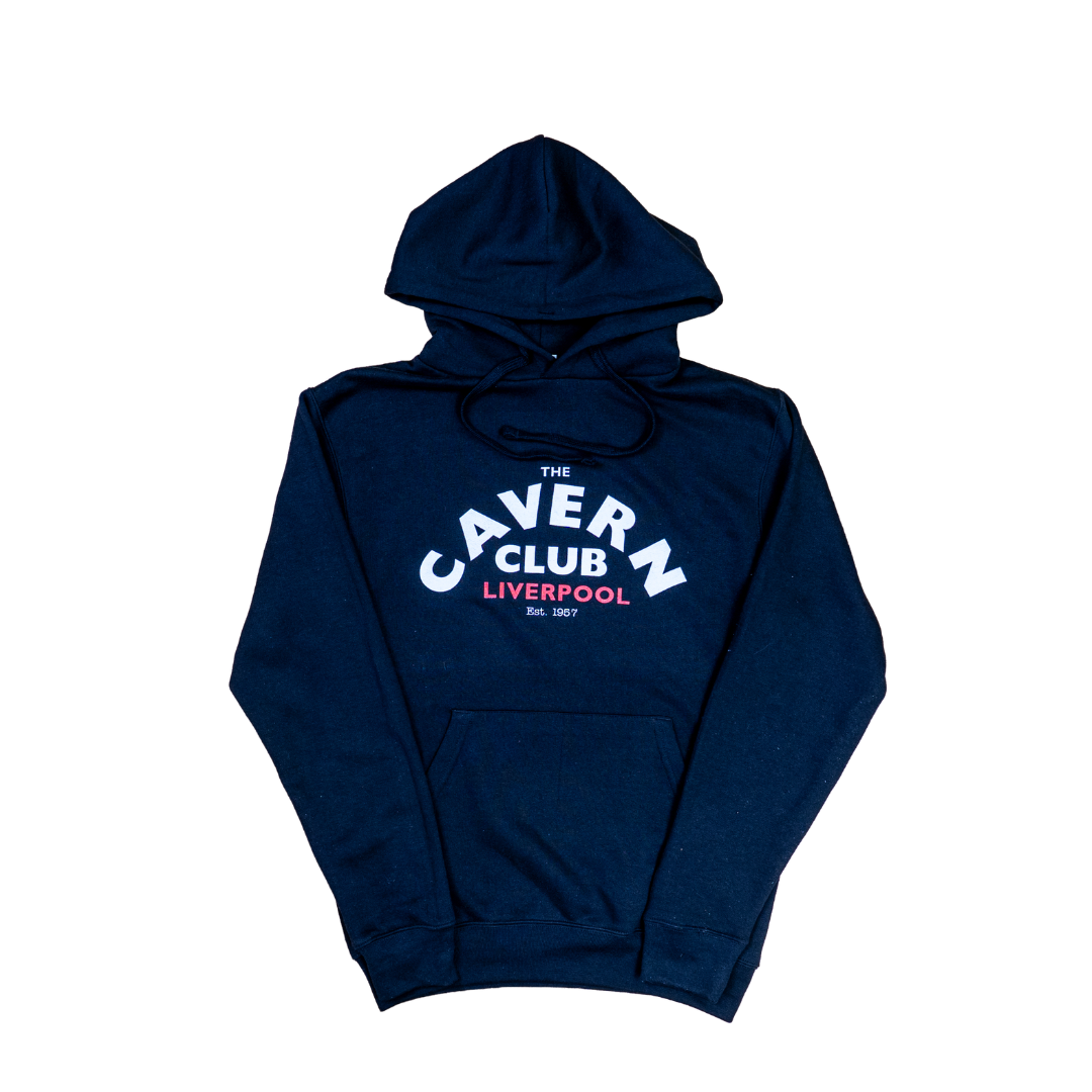 Cavern Club Liverpool blac pullover hoodie full view with logo