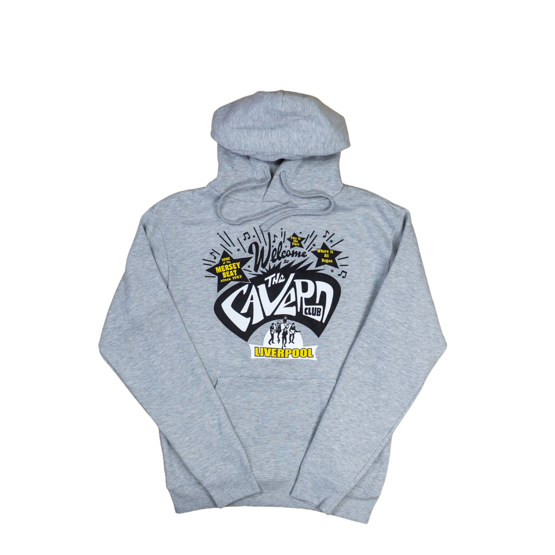 Cavern Club Liverpool grey hoodie with Mersey Beat graphic front view