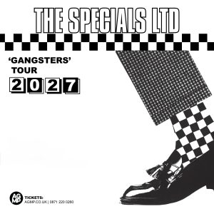 The Specials Ltd Gangsters Tour 2027 promotional artwork with black and white checkerboard ska design
