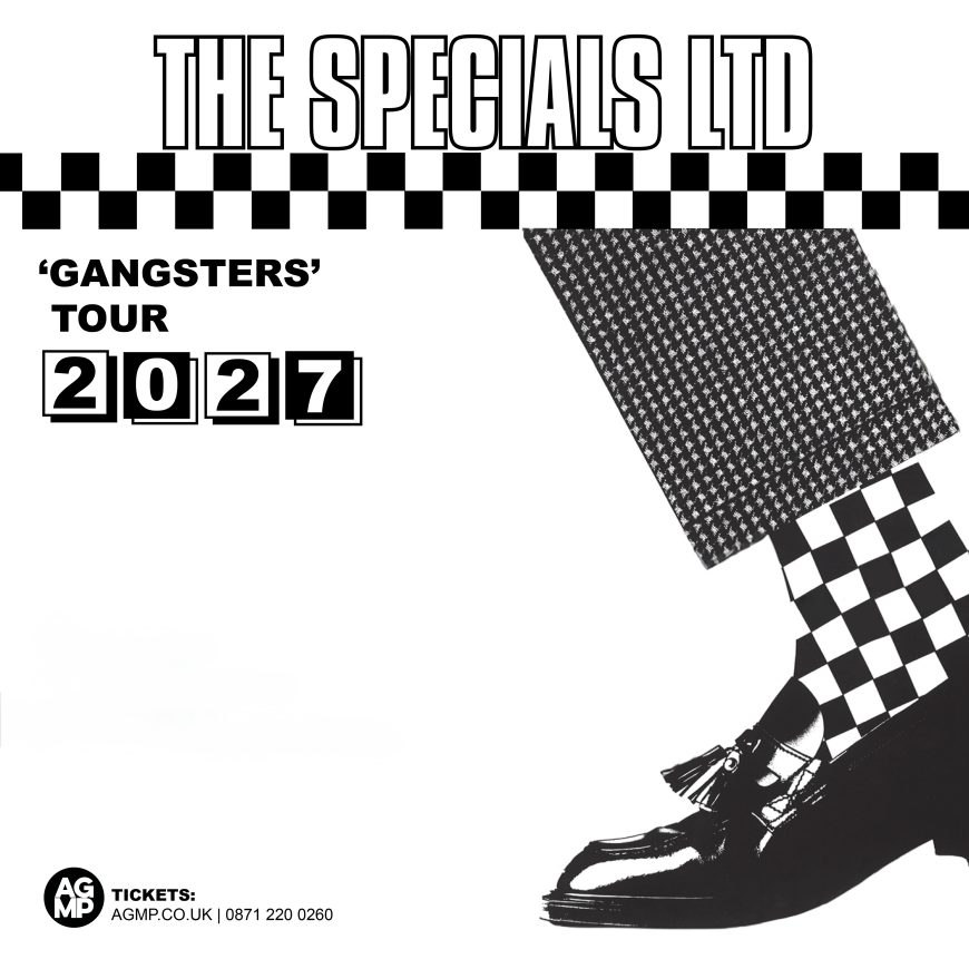 The Specials Ltd Gangsters Tour 2027 promotional artwork with black and white checkerboard ska design